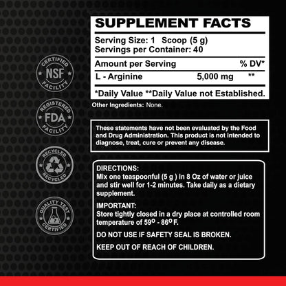 ALFA Sports Maximum L-Arginine Powder 5000mg – Nitric Oxide Booster for Muscle Pump, Energy & Circulation – Pure Amino Acid Supplement – Unflavored 200g Jar