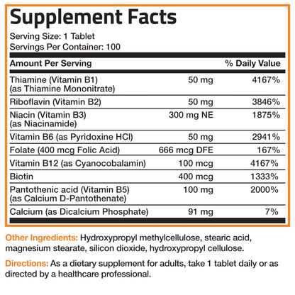 Bronson Super B Vitamin B Complex Sustained Release for Energy, 60 Tablets | B1, B2, B3, B6, Folic Acid, B12, Biotin & Pantothenic Acid, One-Tablet Formula, Non-GMO, Gluten-Free & Soy-Free
