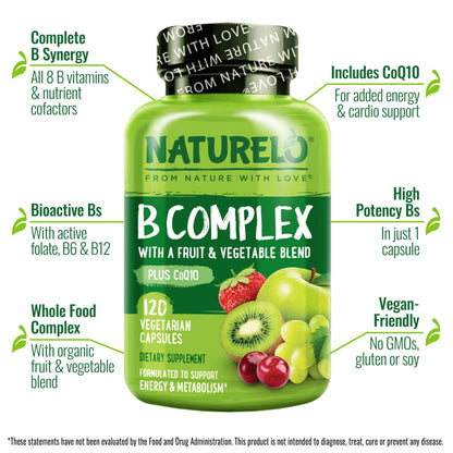 NATURELO Vitamin B Complex,120 Capsules, Vegan, CoQ10, Methyl Folate, Biotin, Fruit & Veg Blend, Supports Energy and Healthy Stress Response, Super B Complex Vitamins for Women and Men