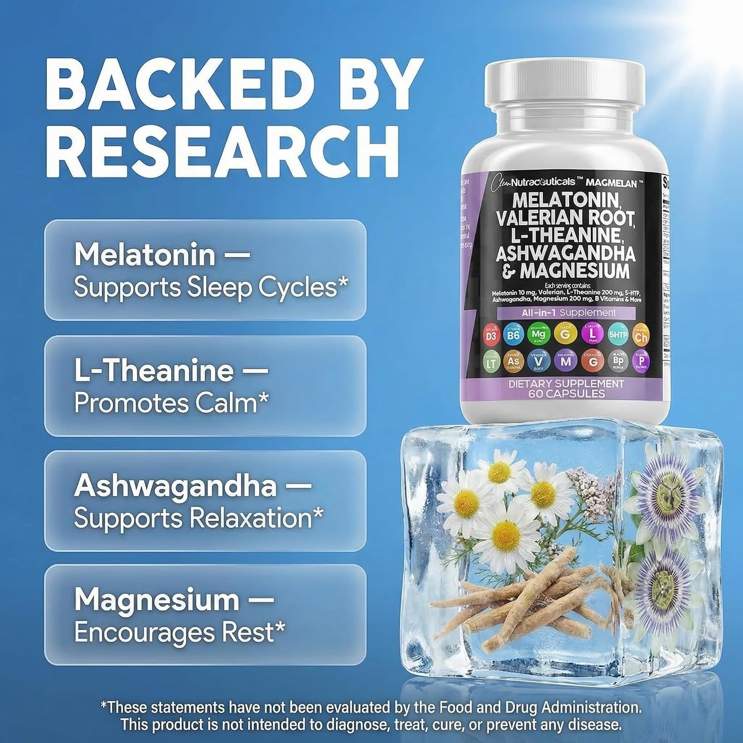 Clean Nutraceuticals Melatonin 10mg Valerian Root L Theanine 200mg Ashwagandha - Sleep Support for Women & Men with Magnesium Complex, Lemon Balm, Chamomile, & Passion Flower - 60 Caps