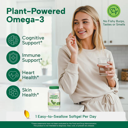OmegaVia Vegan Omega 3 Supplement, Algae Omega 3 Fish Oil Alternative, 300mg Vegan DHA Fatty Acids, Plant Based, Planet and Ocean Friendly, IAOS 5 Star Tested, 60 Softgels