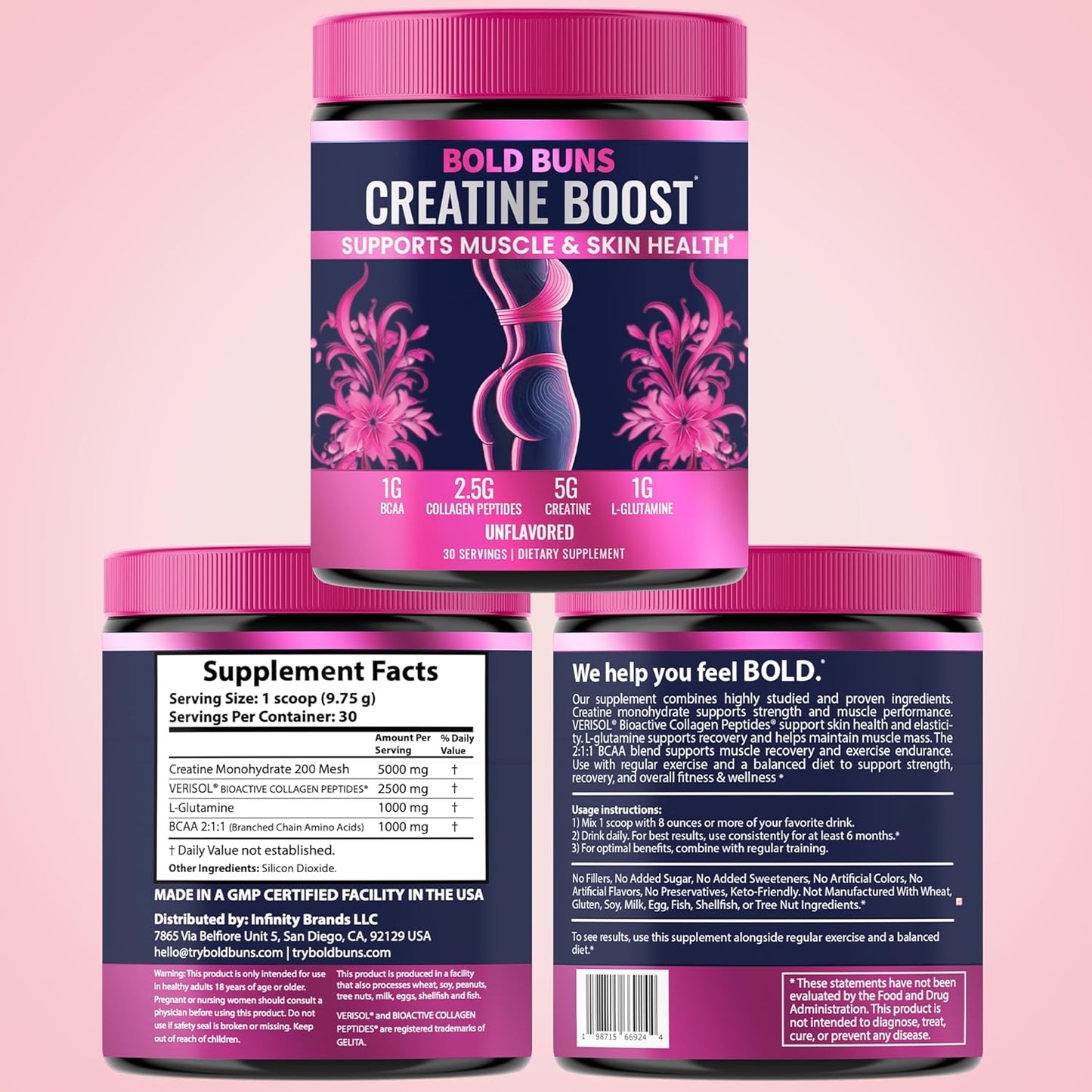 Bold Buns Creatine for Women – Supplement with Collagen & BCAA – Supports Muscle Development, Post-Workout Recovery, Skin Elasticity, Healthy Hair & Nail (30 Servings, Unflavored)