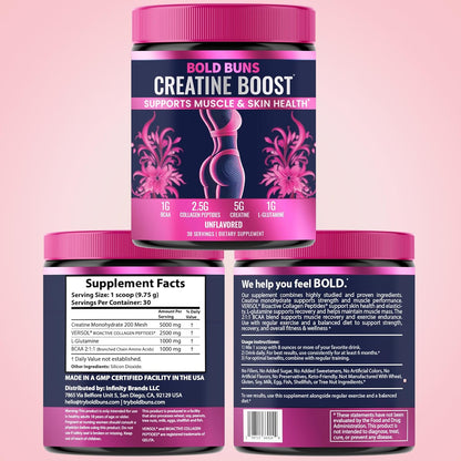Bold Buns Creatine for Women – Supplement with Collagen & BCAA – Supports Muscle Development, Post-Workout Recovery, Skin Elasticity, Healthy Hair & Nail (30 Servings, Unflavored)