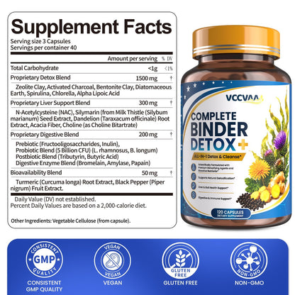 18+ Ingredients Detox & Full Body Cleanse Pills - GI, Parasite & Zeolite Detox, Activated Charcoal, Bentonite Clay, 5 Billion CFU, Probiotics, NAC, Turmeric, Liver Support, 120 Vegan Capsules