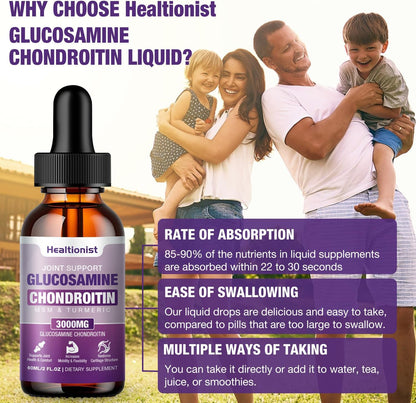 2 Pack Glucosamine Chondroitin MSM Liquid Drops, Extra Strength Joint Support Supplement for Adults Men & Women, Quercetin Boswelia, Bromelain, Antioxidant Immune Support (4 Fl oz)
