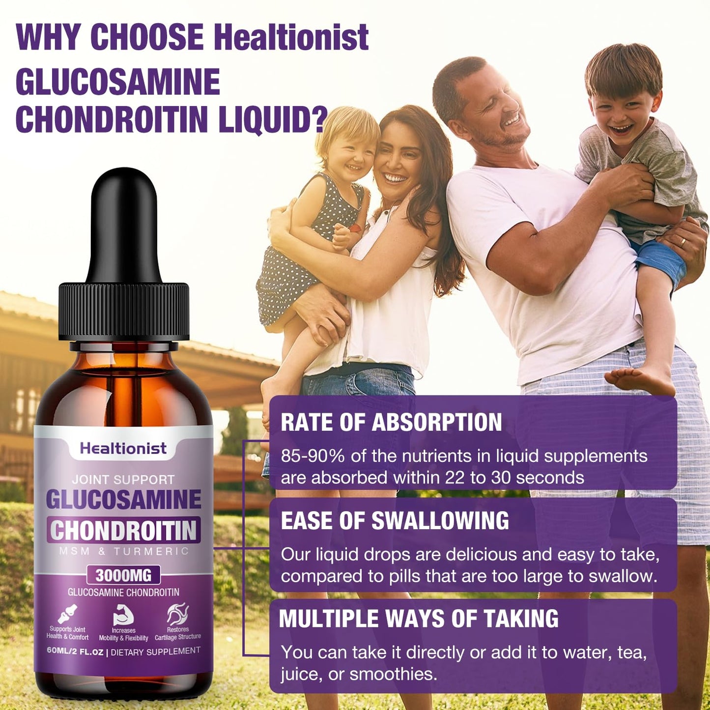 2 Pack Glucosamine Chondroitin MSM Liquid Drops, Extra Strength Joint Support Supplement for Adults Men & Women, Quercetin Boswelia, Bromelain, Antioxidant Immune Support (4 Fl oz)