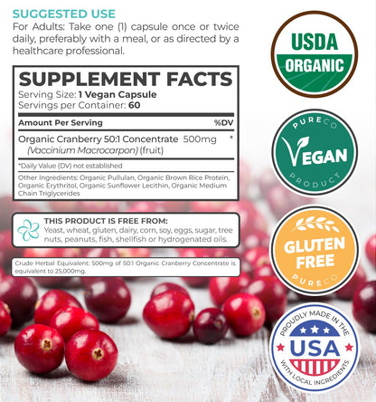 Organic Cranberry Pills - Vegan Supplement for Urinary Tract Health & Kidney Cleanse - Cranberry Pills for Women 500mg 50:1 Cranberry Concentrate Per Serving - Urinary Tract Support - 60 Capsules