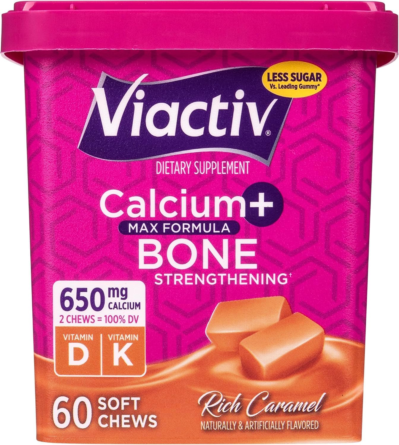 Viactiv Calcium + Vitamin D Supplement Soft Chews for Women & Men - Chewable Calcium for Bone Health Support, 650 mg per Serving, Vitamin D & K for High Absorption - 60 Count, Caramel