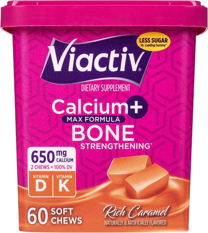 Viactiv Calcium + Vitamin D Supplement Soft Chews for Women & Men - Chewable Calcium for Bone Health Support, 650 mg per Serving, Vitamin D & K for High Absorption - 60 Count, Caramel