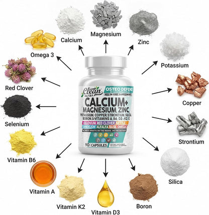 Allin1 Calcium Magnesium Zinc Supplement with Potassium, Copper, Strontium, Silica, Vitamin D3 K2, Boron, Vitamin B1 B12 Red Clover Herb Alfalfa Basil Pills for Men & Women Clean Nutra Osteo Defend