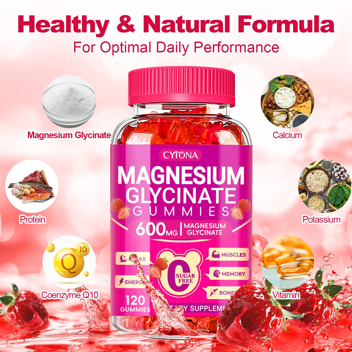 Magnesium Glycinate Gummies 600mg, Sugar Free Magnesium Gummies for Adults