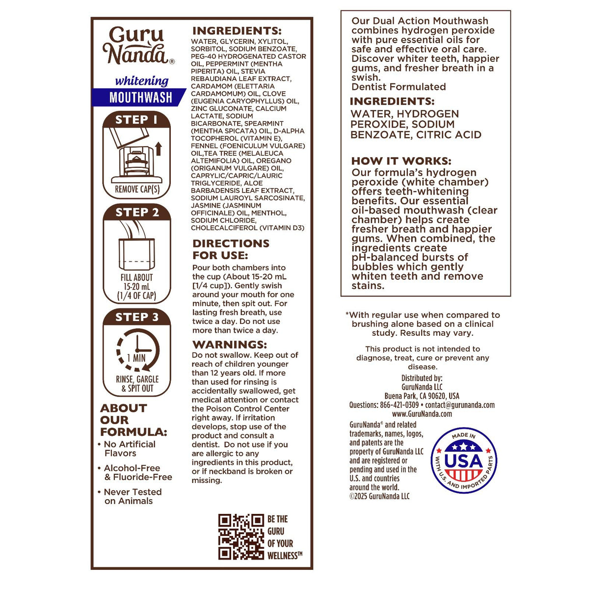 GuruNanda Teeth Whitening Dual Barrel Oxyburst Mouthwash - Alcohol & Fluoride Free, Hydrogen Peroxide to Promote Whiter Teeth - Wild Mint - 20 Fl Oz