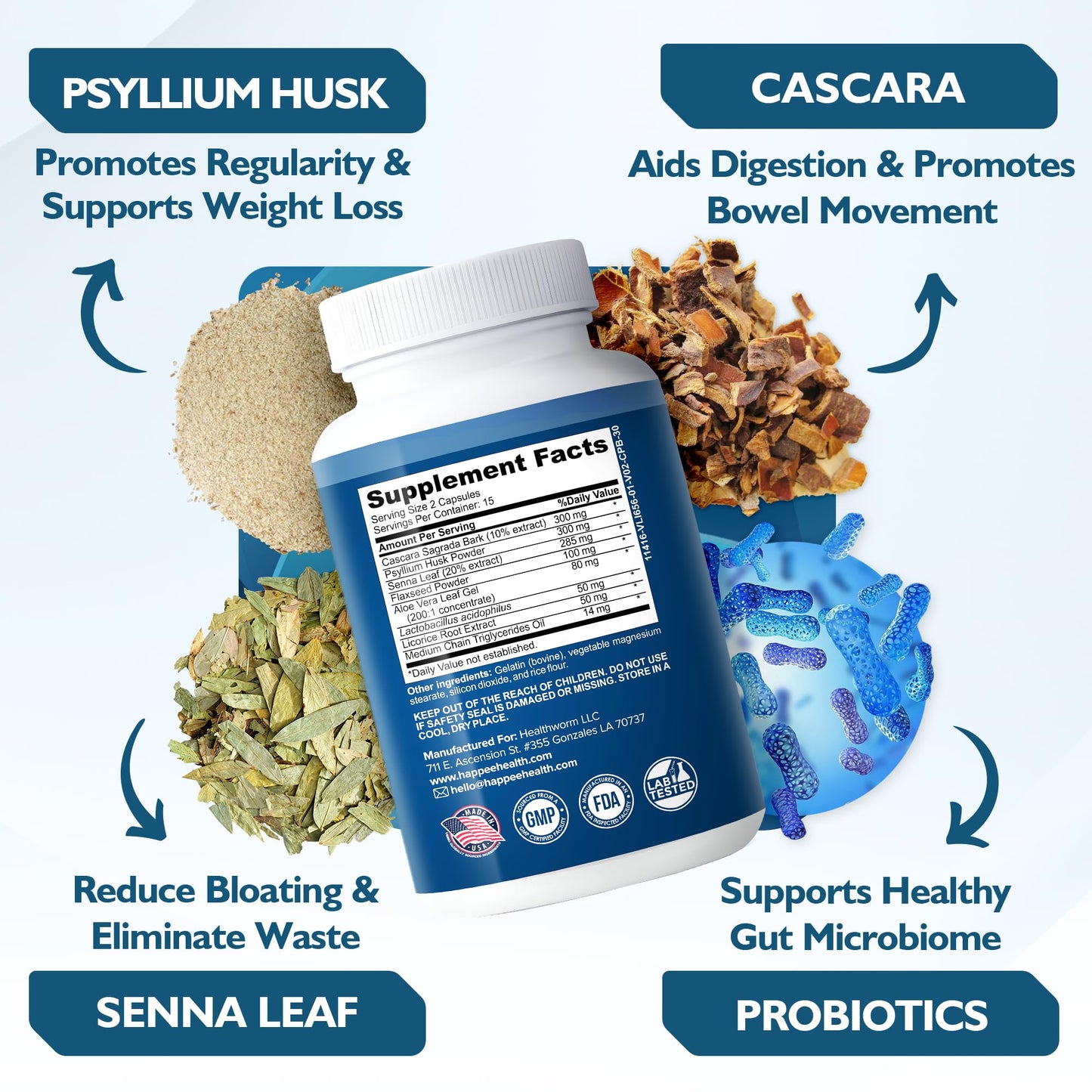 Happee Colon Cleanser & Detox for Weight Loss & GLP-1 Support - 15 Day Colon Cleanse Pills & Gut Support Probiotics Women Men - Fast Natural Laxatives Constipation Relief