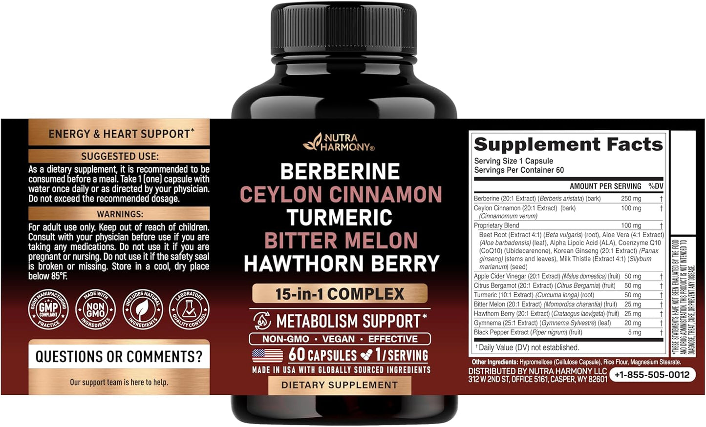 Berberine with Ceylon Cinnamon | Bitter Melon (Karela) | Apple Cider Vinegar | Hawthorn Berry | Citrus Bergamot | Turmeric - 15in1 Supplement for Heart Metabolism & Energy Support - Vegan, 60 Capsules