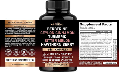 Berberine with Ceylon Cinnamon | Bitter Melon (Karela) | Apple Cider Vinegar | Hawthorn Berry | Citrus Bergamot | Turmeric - 15in1 Supplement for Heart Metabolism & Energy Support - Vegan, 60 Capsules