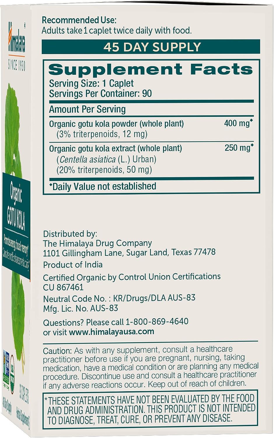 Himalaya USDA Organic Gotu Kola Capsules with Adaptogens, 650 mg,90 Caplets