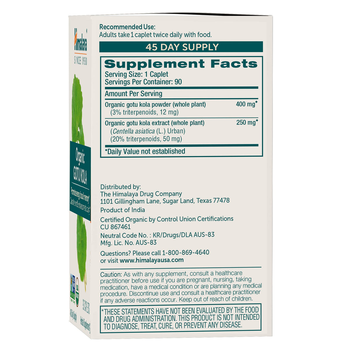 Himalaya USDA Organic Gotu Kola Capsules with Adaptogens, 650 mg,90 Caplets