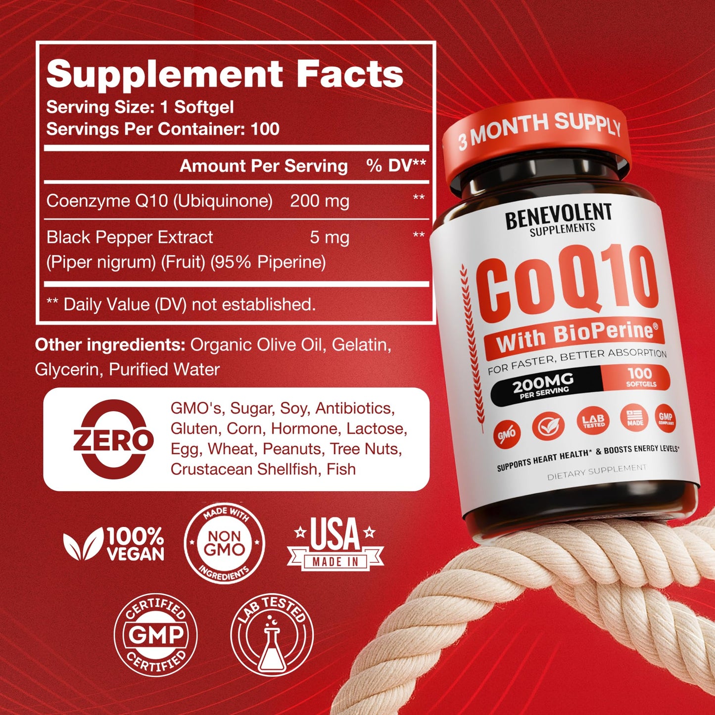 Benevolent Pure CoQ10 200mg Softgels with BioPerine® for Max Absorption, Ubiquinone Coenzyme Q10 Supplement for Heart Health, Energy Production, Healthy Aging & Antioxidant Support, 100 Softgels