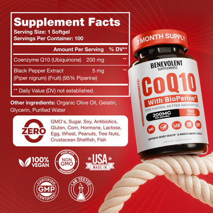 Benevolent Pure CoQ10 200mg Softgels with BioPerine® for Max Absorption, Ubiquinone Coenzyme Q10 Supplement for Heart Health, Energy Production, Healthy Aging & Antioxidant Support, 100 Softgels