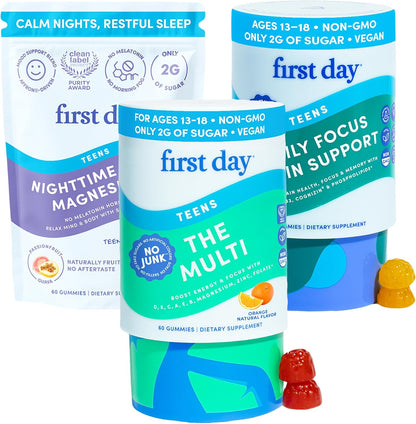FIRST DAY Teen's Multivitamin, Calming Magnesium & Brain Focus Gummies | Daily Nutrients, Mood, & Focus | Clean Label Project Verified® | Vegan | 30-Day Supply