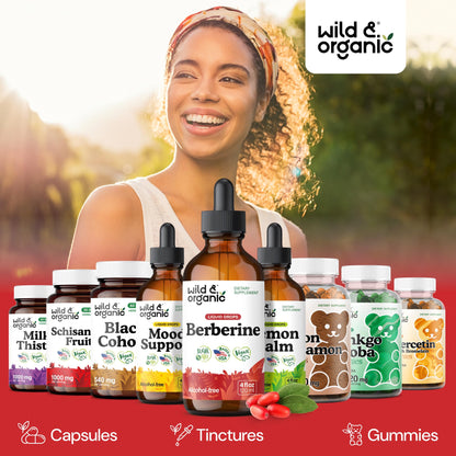 Wild & Organic Berberine Drops - Antioxidant Support - Liquid Berberine HCL 500mg - Add to Tea Supplement - Berberis Aristata Bark Extract - Pure, Vegan, Alcohol & Sugar-Free Tincture - 4 fl oz