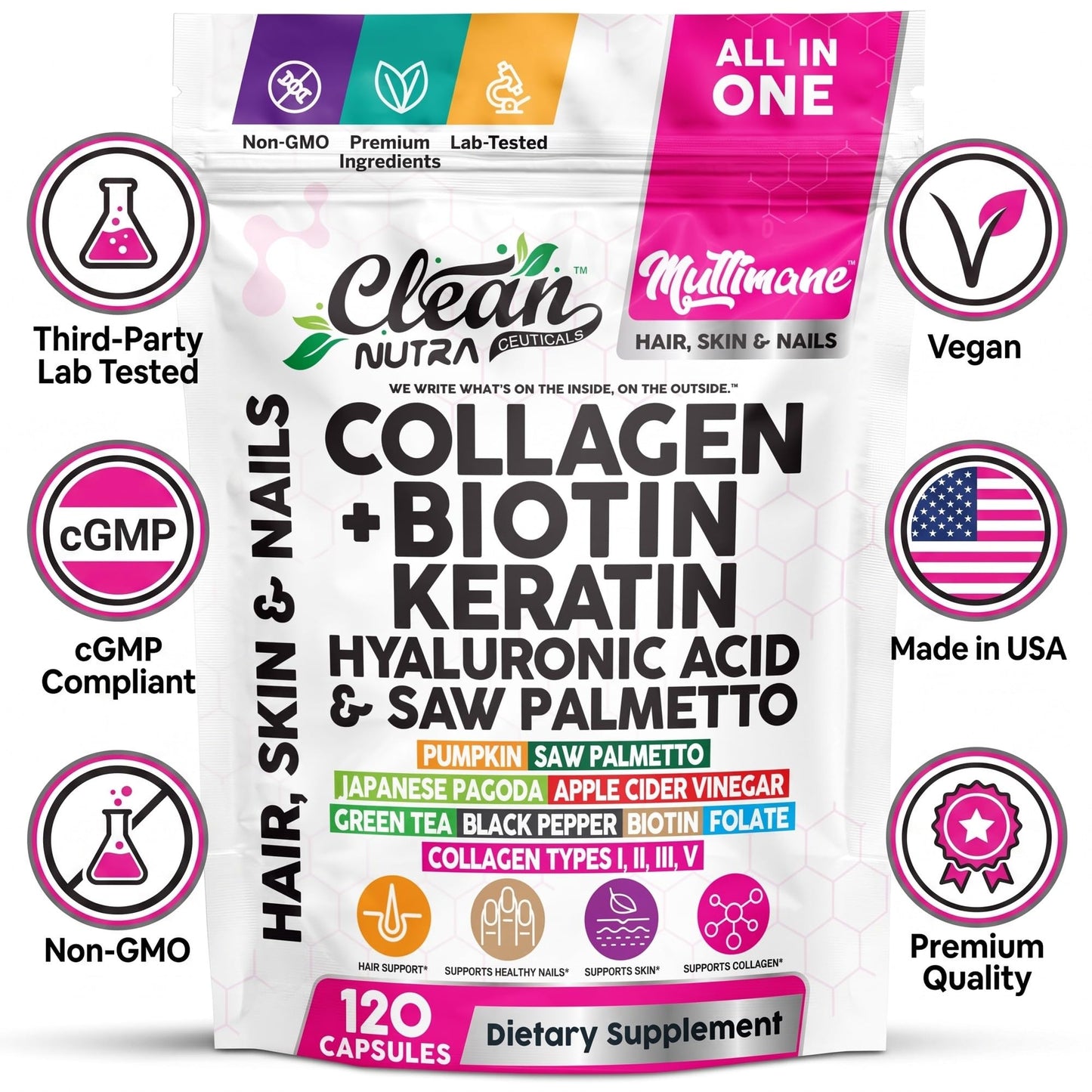 Clean Nutraceuticals Collagen Pills 1000mg Biotin 10000mcg Keratin Saw Palmetto Hyaluronic Acid - Hair Skin & Nails Vitamins & DHT Blocker with Vitamin E Folic Acid Pumpkin Seed MSM - 90 Count