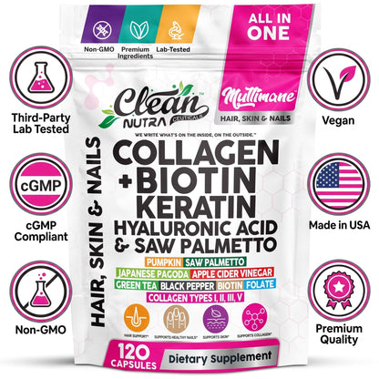 Clean Nutraceuticals Collagen Pills 1000mg Biotin 10000mcg Keratin Saw Palmetto Hyaluronic Acid - Hair Skin & Nails Vitamins & DHT Blocker with Vitamin E Folic Acid Pumpkin Seed MSM - 90 Count