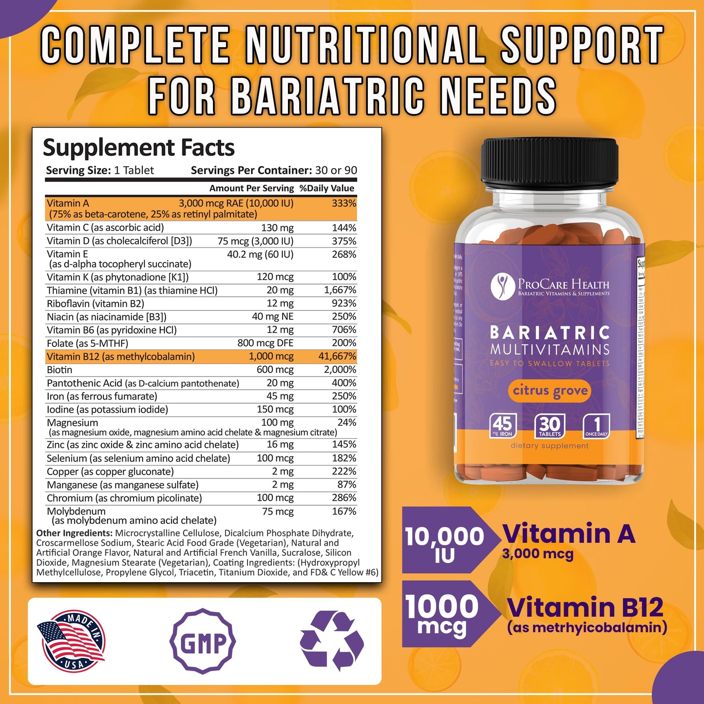 ProCare Health Easy-45 Bariatric Multivitamin | Citrus Grove Tablets | 90ct | Once Daily Tablets for Gastric Bypass Sleeve & Post-Op Support Pills for Sleeve Patients & Sustains Recovery, Easy to Swallow