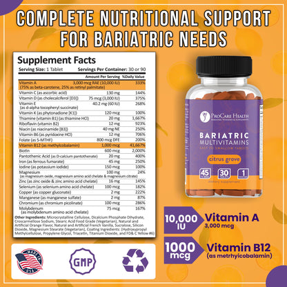 ProCare Health Easy-45 Bariatric Multivitamin | Citrus Grove Tablets | 90ct | Once Daily Tablets for Gastric Bypass Sleeve & Post-Op Support Pills for Sleeve Patients & Sustains Recovery, Easy to Swallow