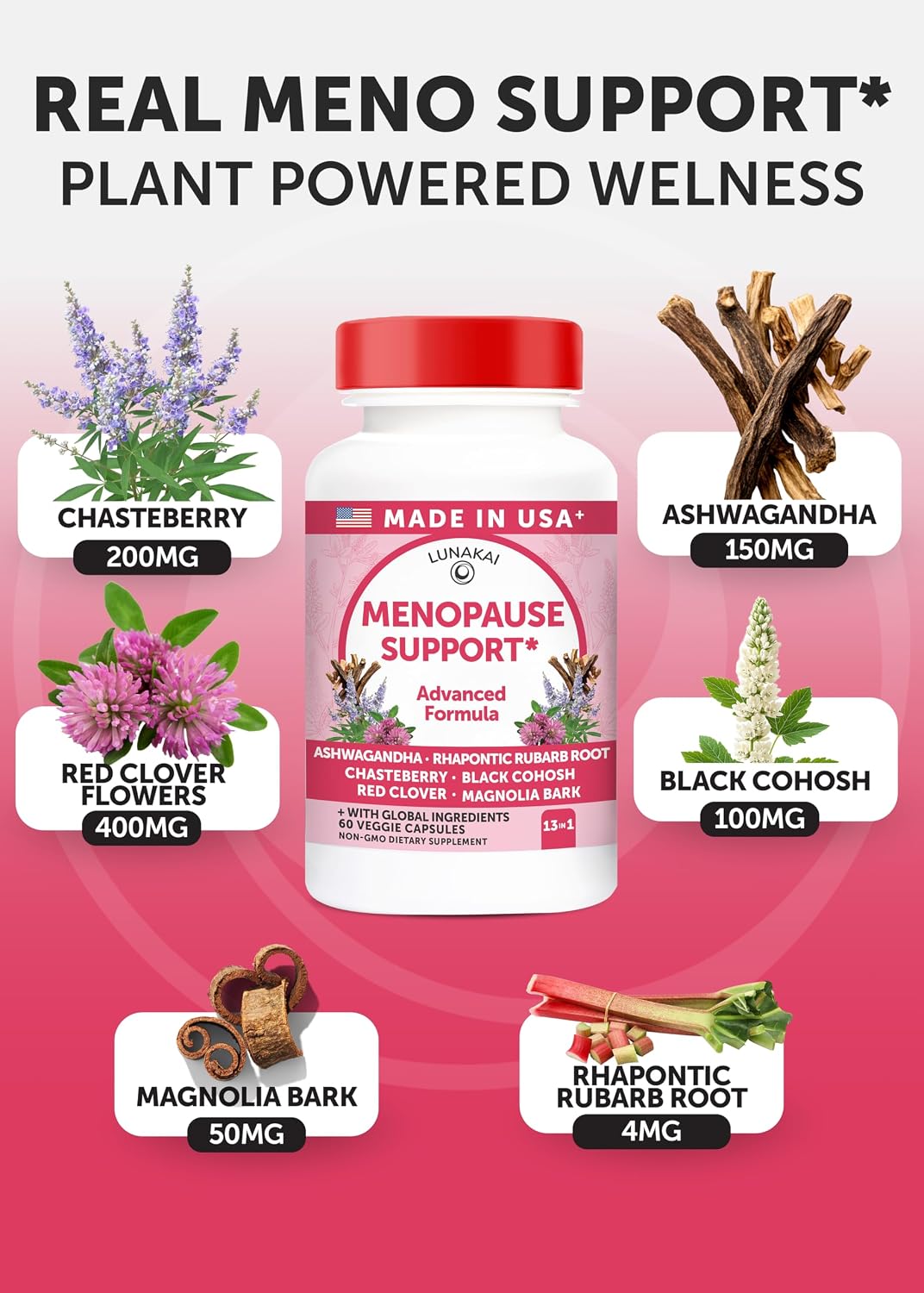 Lunakai USA Made Natural Menopause Supplements for Women, 60ct | Non-GMO, 13-in-1 Menopause Relief for Hot Flashes, Night Sweats, Sleep & Mood Support