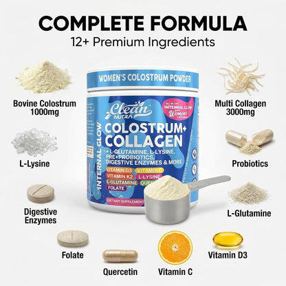 Bovine Colostrum Powder + Collagen Peptides with L-Glutamine L-Lysine Prebiotics Probiotics Digestive Enzymes Vitamin D K2 C Quercetin & Folate | Gut Health Supplement Internal Glow By Clean Nutra