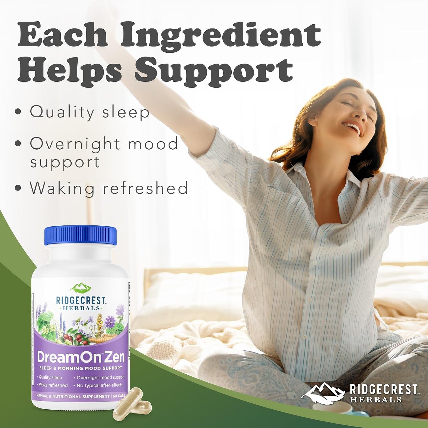 RidgeCrest Herbals DreamOn Zen Sleep Support, Melatonin Free 60 Ct | 30 Servings, Magnesium, 5-HTP, Lavender, Chamomile, Valerian, Lemon Balm, Calm and Rest Support for Ages 12 and Up
