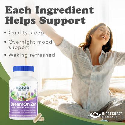 RidgeCrest Herbals DreamOn Zen Sleep Support, Melatonin Free 60 Ct | 30 Servings, Magnesium, 5-HTP, Lavender, Chamomile, Valerian, Lemon Balm, Calm and Rest Support for Ages 12 and Up