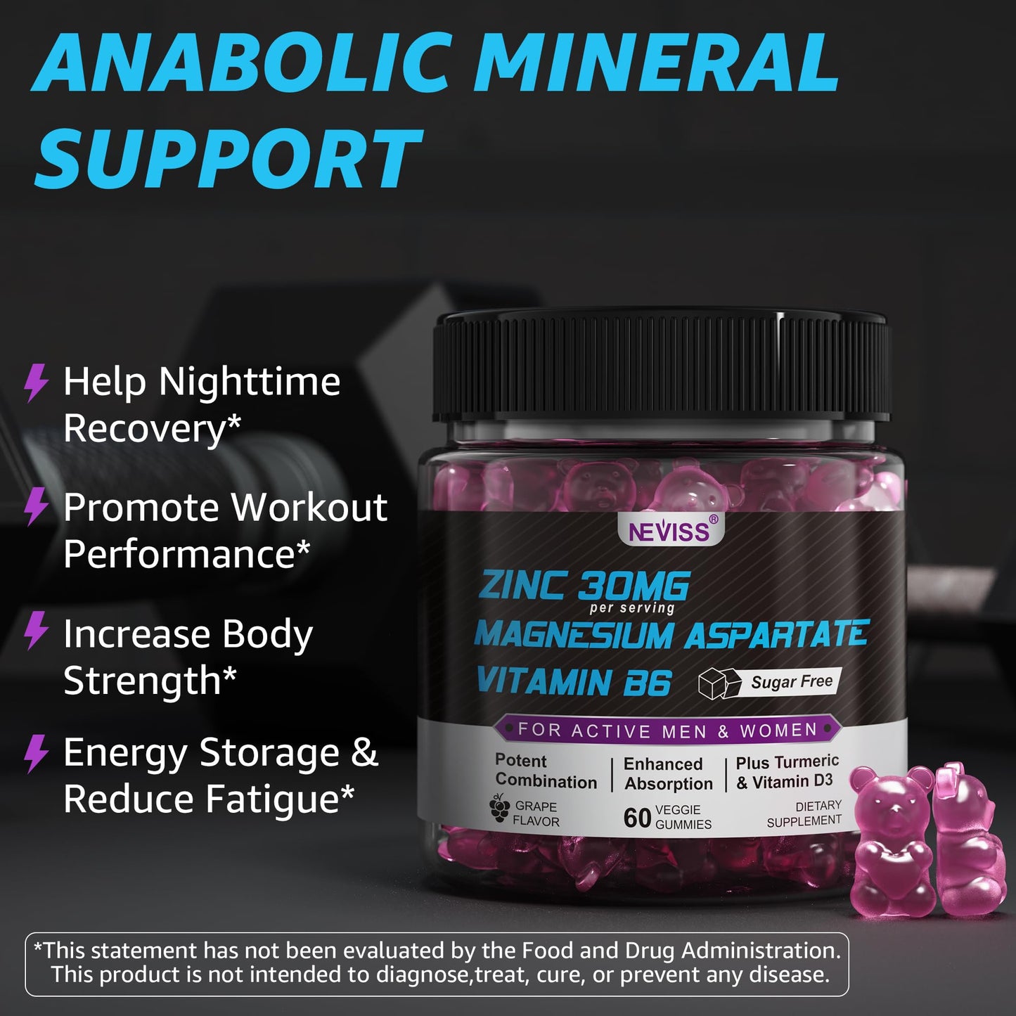 Zinc and Magnesium Supplement, Zinc Magnesium Aspartate Post Workout Gummies for Men Women, with Vitamin B6, B12, D3, Turmeric for Nighttime Recovery, Reduce Fatigue, Boost Immunity & Sleep, 120 Count
