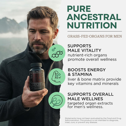 Wild Grass Fed Beef Organ Supplement for Men - Complete Ancestral Nutrition Complex with Beef Liver, Testicle, Prostate & Bone Matrix - Organ Meat Supplements - 30 Day Supply