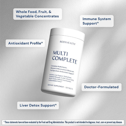 BodyHealth Multi Complete (120 Ct) Daily Multivitamin for Men and Women with Whole Foods, Minerals, Antioxidants, Organic Green Food Concentrates, and Liver Detox Extracts, Non GMO