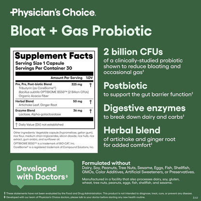 Physician's CHOICE Bloat & Gas Probiotic 30ct + 60 Billion Probiotic 30ct - Digestive Wellness Bundle