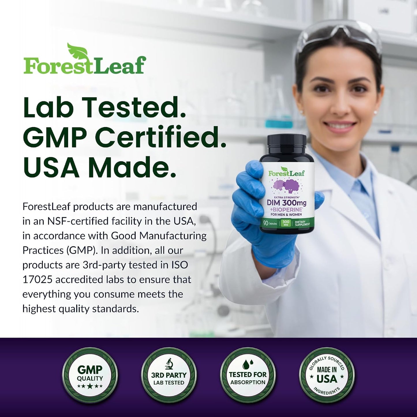 ForestLeaf DIM Supplement - 300mg DIM Estrogen Supplement for Women/Men - Diindolylmethane with BioPerine Black Pepper - Support for Detox, Metabolism, Hormone Balance & Menopause - 90 Caps