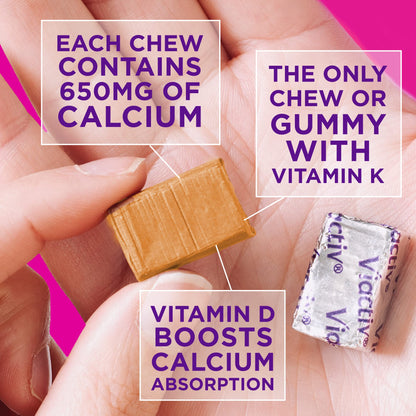 Viactiv Calcium + Vitamin D Supplement Soft Chews for Women & Men - Chewable Calcium for Bone Health Support, 650 mg per Serving, Vitamin D & K for High Absorption - 60 Count, Caramel