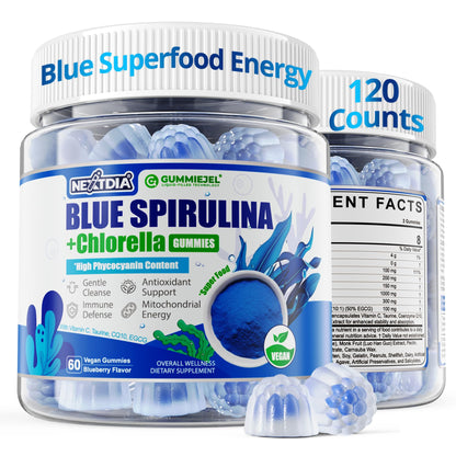 Organic Blue Spirulina Gummies, High Phycocyanin from Nutrient-Rich Blue-Green Algae for Antioxidants, Cellular Energy & Cleanse, Superfood w/Chlorella, CoQ10 & VC,Taurine,Green Tea, Sugar Free, 60 Ct