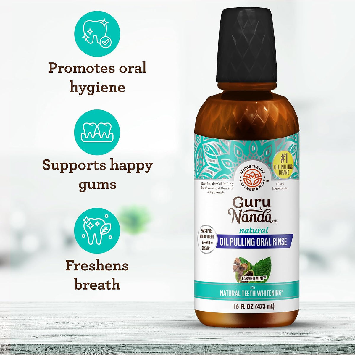 GuruNanda Coconut Oil Pulling Mouthwash with Vitamins, Farmed Mint, 16 oz