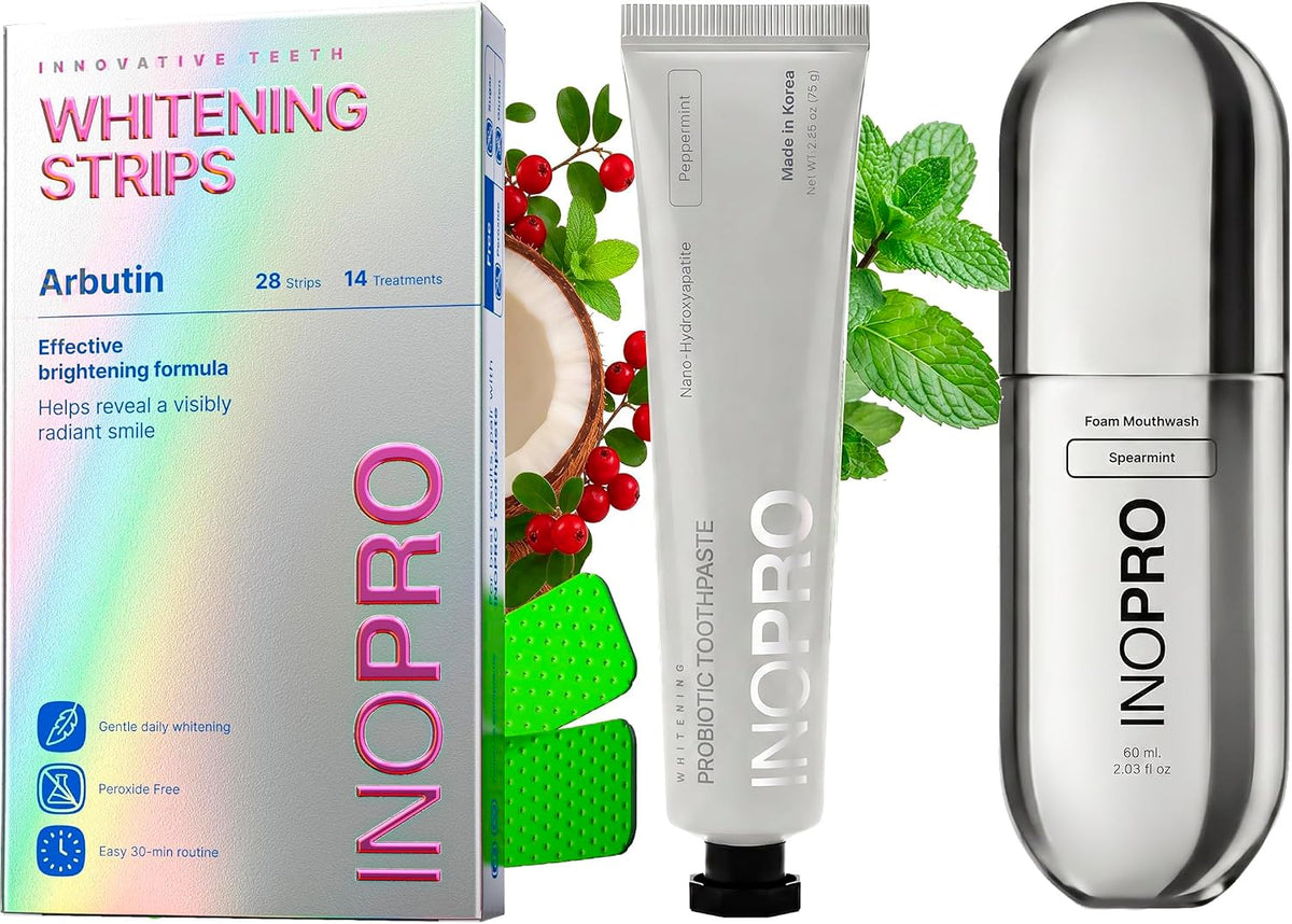 InoPro Teeth Whitening Strips 14 Treatments Kit + Peppermint Nano-Hydroxyapatite Whitening Toothpaste with Probiotic + Spearmint Foam Mouthwash with Nano-Hydroxyapatite, Xylitol, Hyaluronic Acid