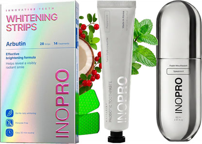 InoPro Teeth Whitening Strips 14 Treatments Kit + Peppermint Nano-Hydroxyapatite Whitening Toothpaste with Probiotic + Spearmint Foam Mouthwash with Nano-Hydroxyapatite, Xylitol, Hyaluronic Acid