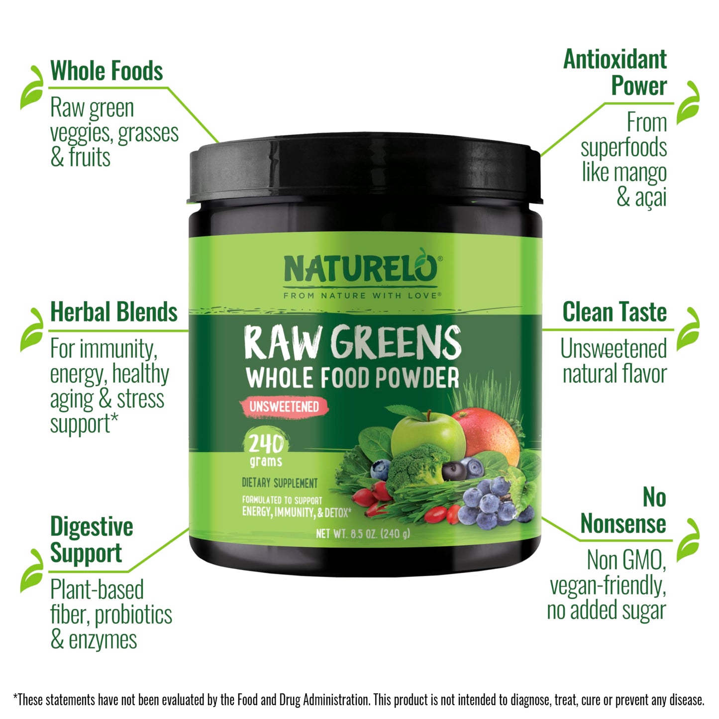 NATURELO Raw Greens Superfood Powder 480 Grams, Mixed Berry - Supports Energy, Immunity and Detox - Includes Spirulina, Wheat Grass and Organic Greens for Whole Food Nutrition