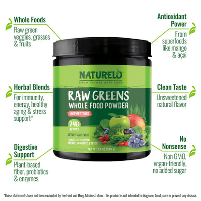 NATURELO Raw Greens Superfood Powder 480 Grams, Mixed Berry - Supports Energy, Immunity and Detox - Includes Spirulina, Wheat Grass and Organic Greens for Whole Food Nutrition