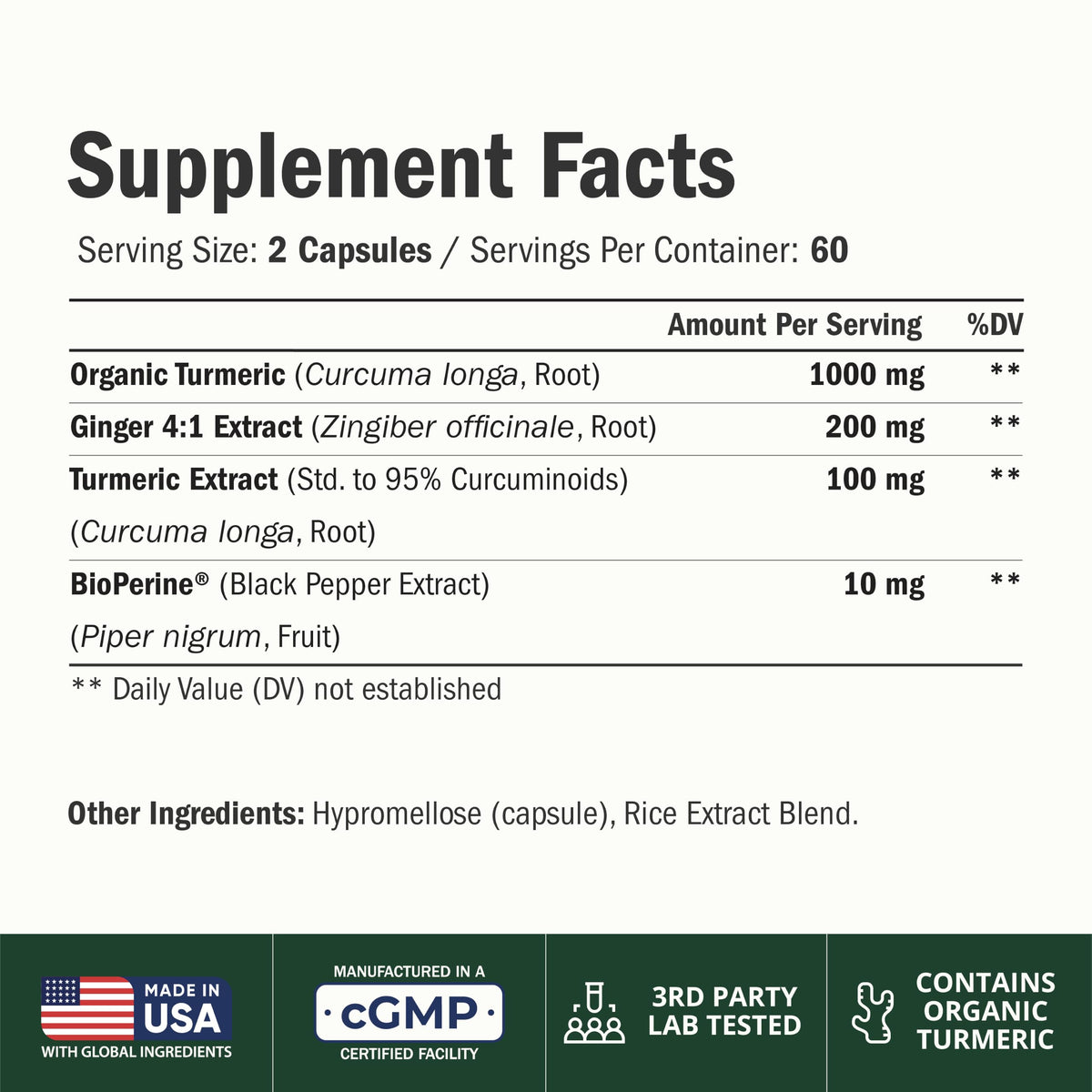 Turmeric and Ginger Supplement – Inflammation & Joint Support. 60 Capsules