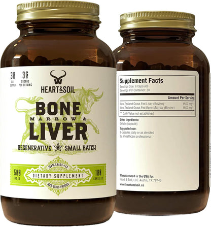 HEART & SOIL Bone Marrow & Beef Liver, 180 Capsules | 100% grass fed & finished from regenerative cattle. Supports bones, joints, tissue & skin. 3000mg for women & men.