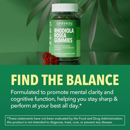 Rhodiola Rosea Gummies, Sugar Free Rhodiola Supplement, 30 Servings | Herbal Adaptogen for Mental Clarity and Performance, 60 Count, Vegan and Gluten-Free, Mixed Berry Flavor, 1-Month Supply