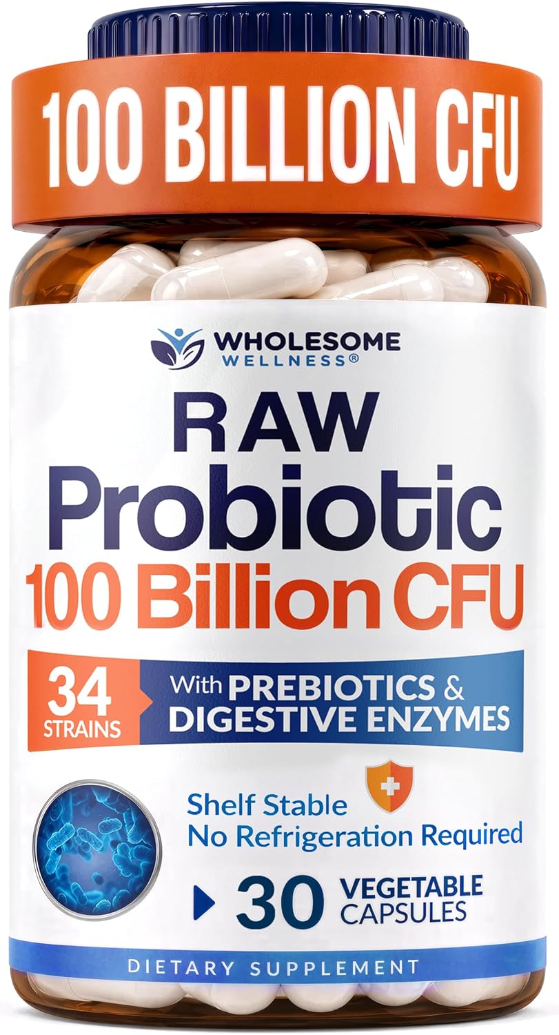Wholesome Wellness Organic Raw Probiotics 100 Billion CFU, Dr Formulated for Women and Men, Complete Adult Supplement with Prebiotics and Digestive Enzymes; 30 Capsules, Shelf Stable