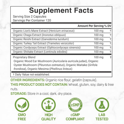 Organic 10-in-1 Mushroom Supplement, 240 Capsules – Lions Mane, Turkey Tail, Reishi, Cordyceps & More Mushroom Complex – Immune, Energy & Nootropic Brain Support – Non-GMO